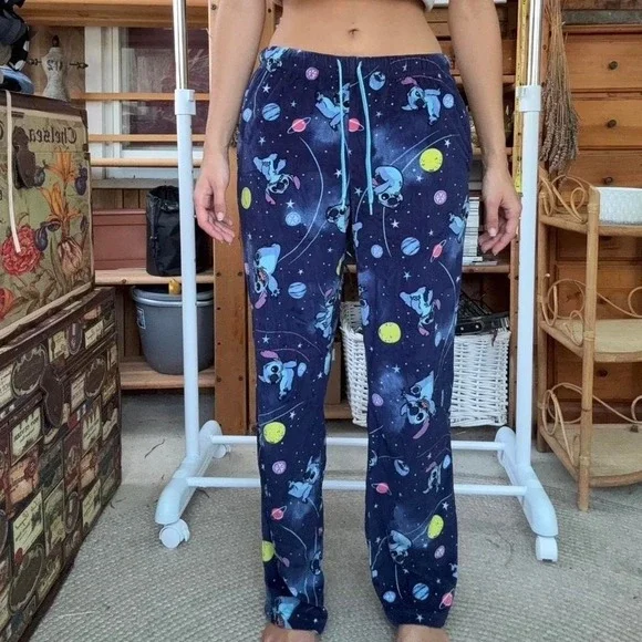 Disney Lilo & Stitch Galaxy Fleece Pajama Pants Navy Blue Star Print Lounge S - Picture 6 of 6